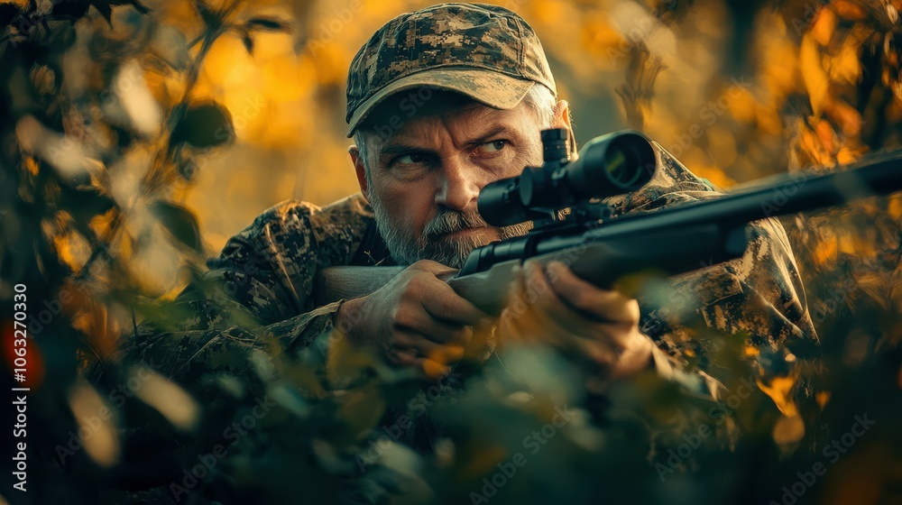 Man, hunter and rifle in camouflage for sport, activity and trophy as wildlife enthusiast. Male person, shotgun and bait for recreation, adventure or scouting with travel, survival or outdoor for fun Man, hunter and rifle in camouflage for sport, activity and trophy as wildlife enthusiast. Male person, shotgun and bait for recreation, adventure or scouting with travel, survival or outdoor for fun