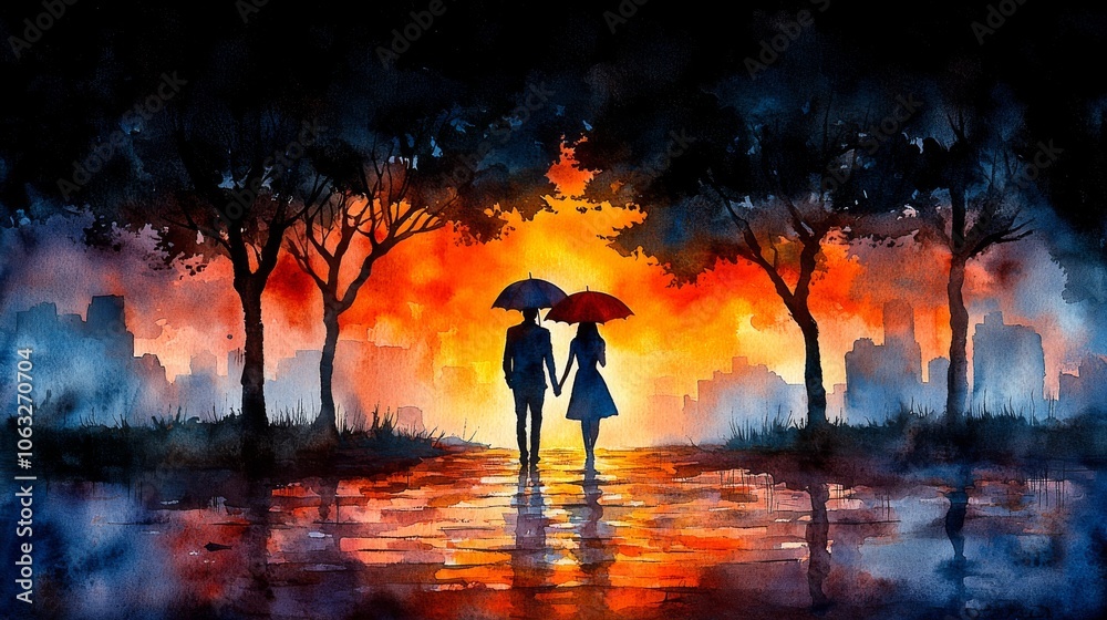 Silhouette of a couple holding umbrellas walking through a city park under a vibrant sunset sky with reflections on a wet pathway Silhouette of a couple holding umbrellas walking through a city park under a vibrant sunset sky with reflections on a wet pathway
