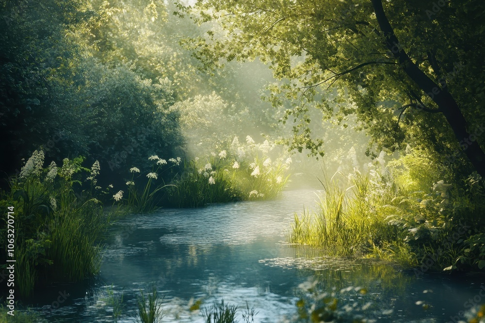 Experience the Serenity of a Sunlit Forest Stream Embraced by Gentle Breezes and Tranquility Experience the Serenity of a Sunlit Forest Stream Embraced by Gentle Breezes and Tranquility