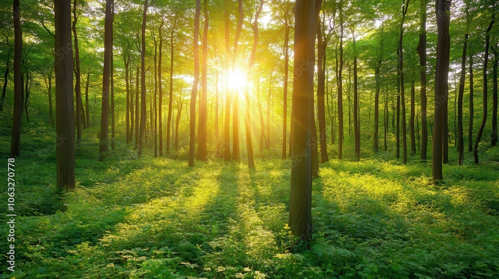 Experience the Serenity of a Sunlit Forest Embraced by a Gentle Breeze