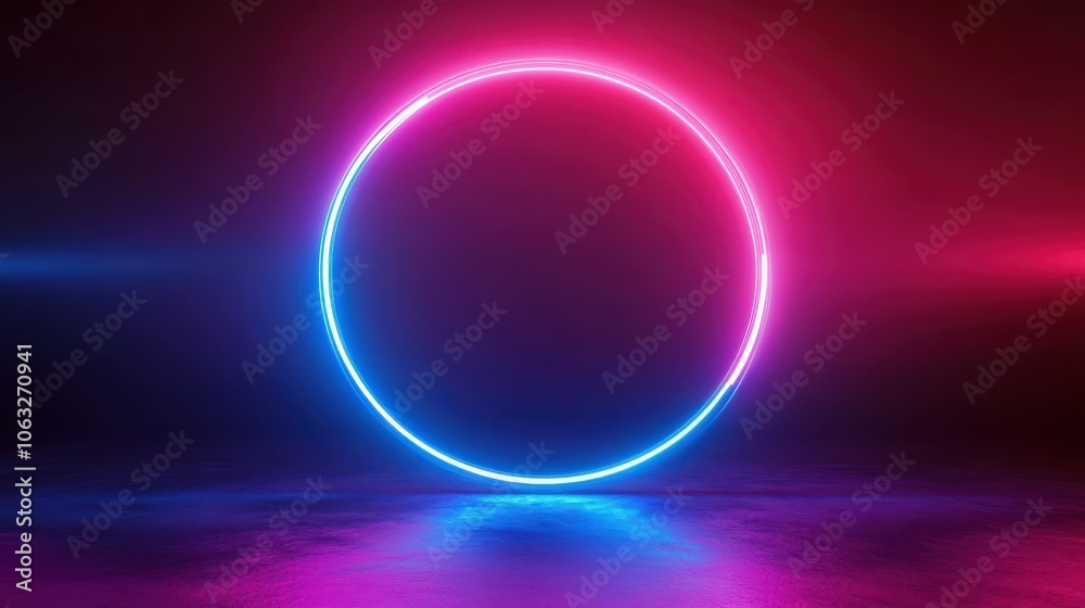 pink blue neon glowing round frame inside virtual space, abstract geometric background pink blue neon glowing round frame inside virtual space, abstract geometric background