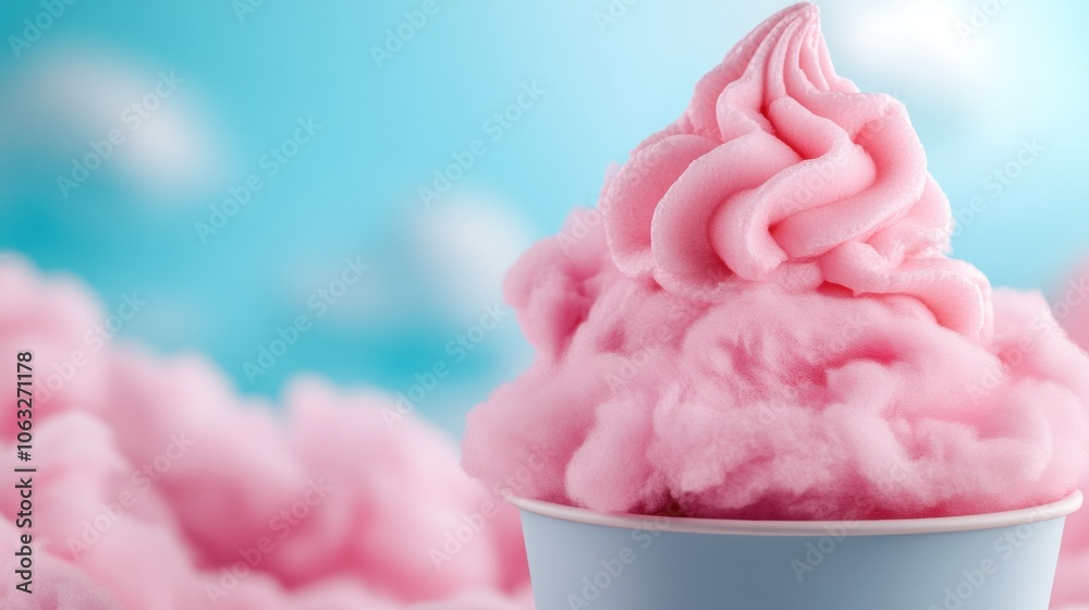 Fluffy pink cotton candy swirls in a cup against a dreamy blue sky backdrop, AI