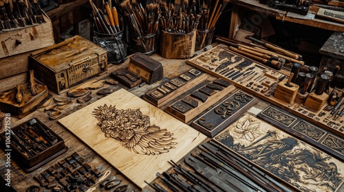 An array of pyrography tools laid out on a workbench, Burning Tools and Techniques photo