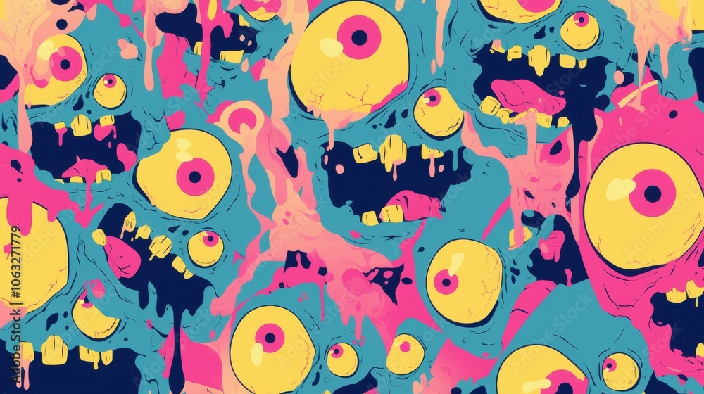 Colorful, abstract zombie faces with large eyes and dripping features, creating a surreal and playful atmosphere. Colorful, abstract zombie faces with large eyes and dripping features, creating a surreal and playful atmosphere.