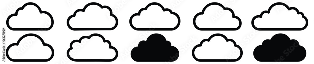 Cloud silhouettes set, sky pack of vector silhouette design, isolated background. Cloud silhouettes set, sky pack of vector silhouette design, isolated background.