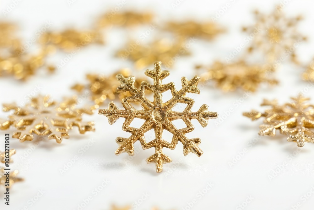 A bunch of golden snowflakes scattered on a white background, perfect for winter or holiday-themed designs A bunch of golden snowflakes scattered on a white background, perfect for winter or holiday-themed designs