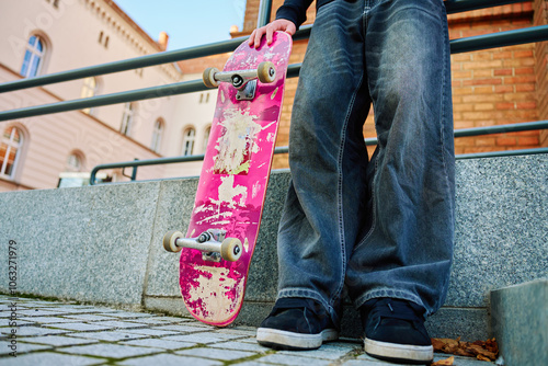 Skateboarder in baggy jeans holding scratched pink skateboard at city street. Teenager is skateboarding. Concept of youth subculture