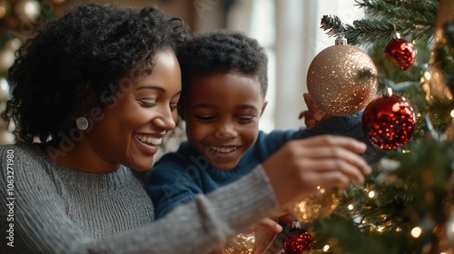 A joyful family gathered around a Christmas tree, sharing a heartwarming moment as they decorate it together.