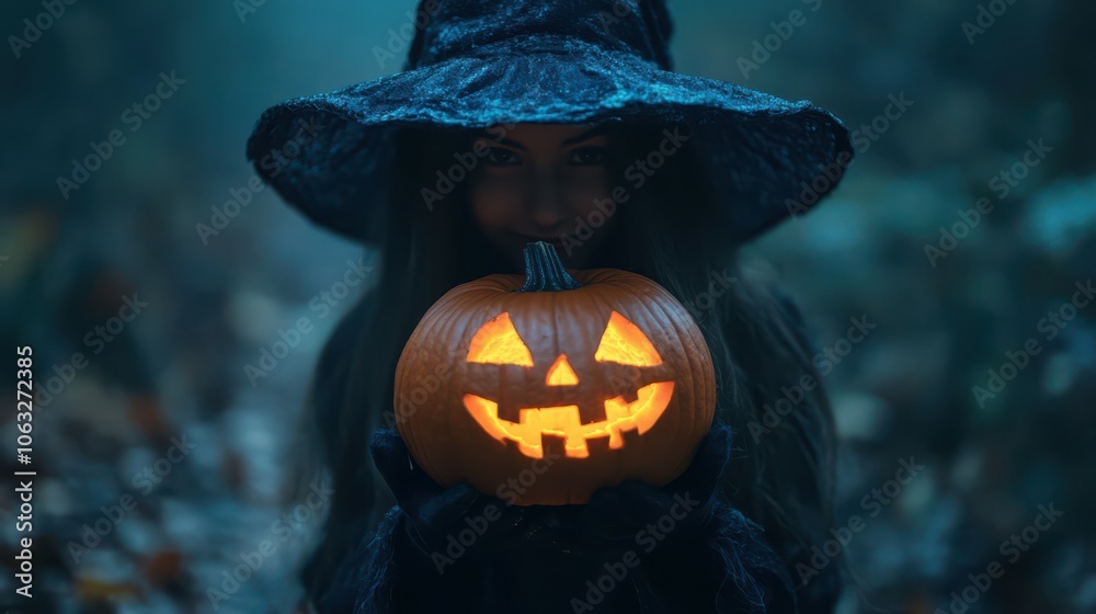 Naklejka premium girl in witch costume with Halloween pumpkin