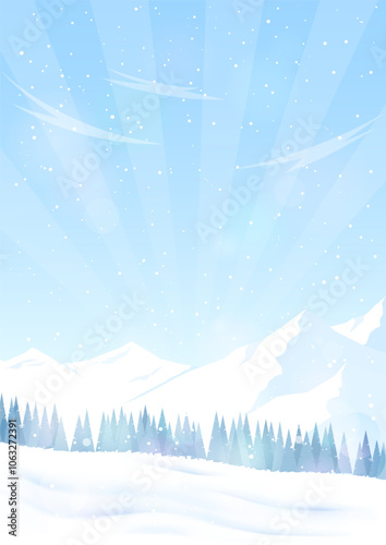 Poster with winter landscapes. Snow-covered high mountains and forest. Snow drifts, frosty day. Vector image. 