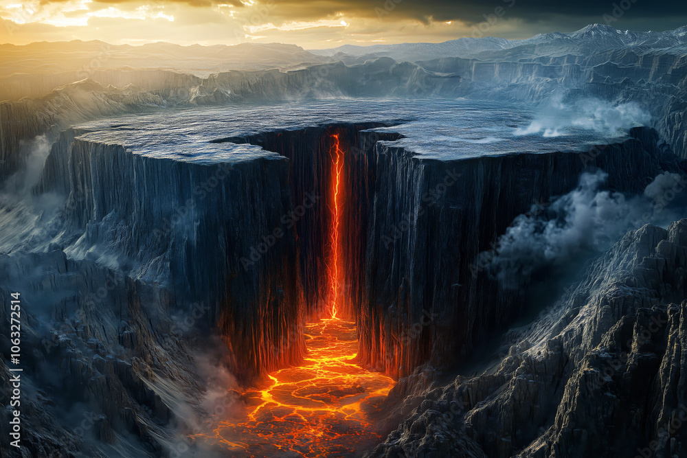 Naklejka premium A colossal crack in the earth's crust, cutting through a mountain range, with rock formations collapsing into the deep rift, and lava glowing beneath.