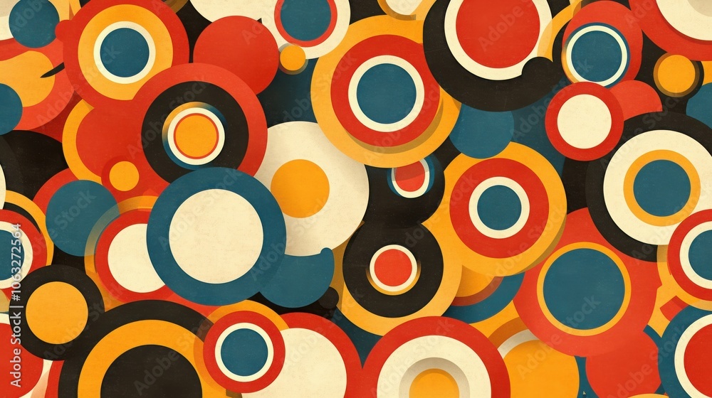 A vibrant abstract composition featuring an array of colorful circles in red, yellow, blue, and black tones. A vibrant abstract composition featuring an array of colorful circles in red, yellow, blue, and black tones.