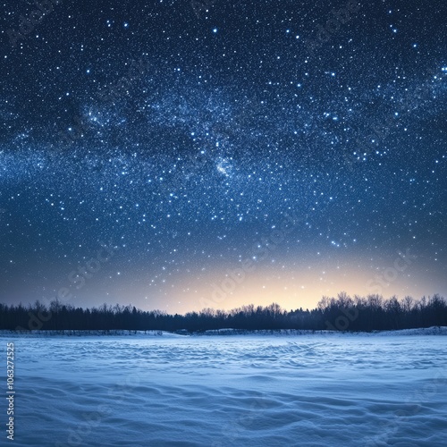 Winter night sky with stars twinkling over a snowy landscape