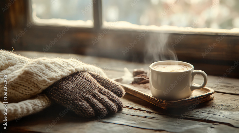 Cozy cup of hot chocolate with steam rising by a rustic window, perfect for cold winter days. Cozy cup of hot chocolate with steam rising by a rustic window, perfect for cold winter days.