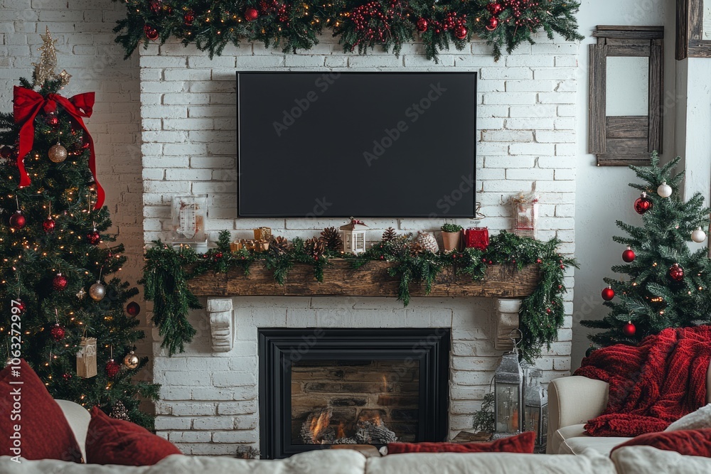 empty frame for mockup, fire place and Christmas items background empty frame for mockup, fire place and Christmas items background