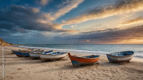 Colorful Fishing Boats on Sandy Beach at Sunset 