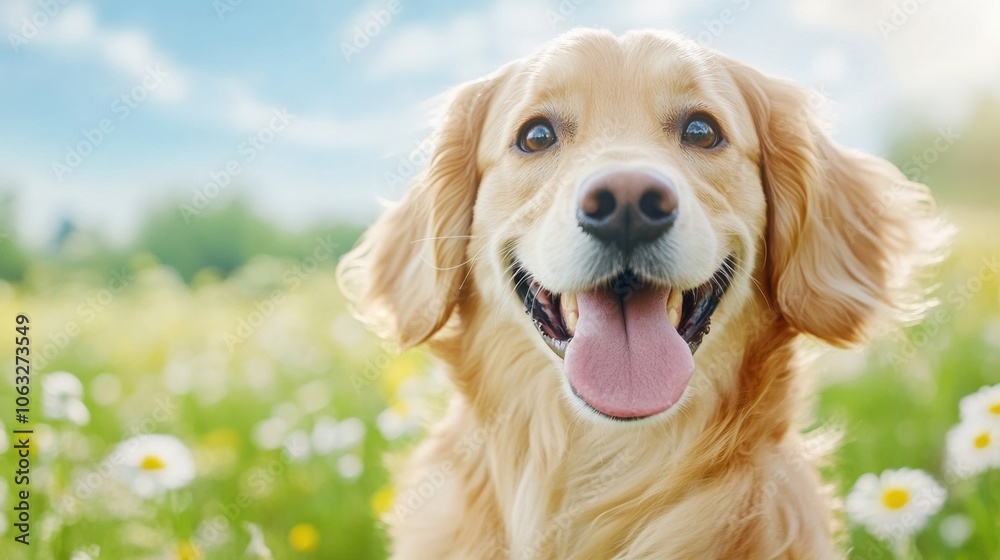 Golden retriever enjoying a sunny day in a field of daisies, AI Golden retriever enjoying a sunny day in a field of daisies, AI