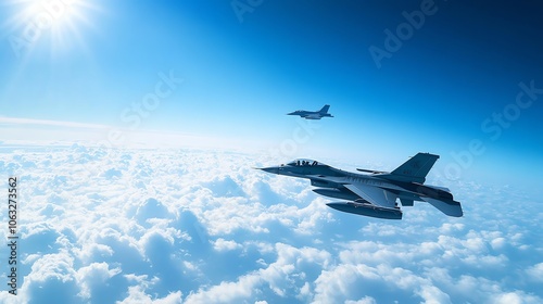 Two fighter jets flying in formation over the clouds.