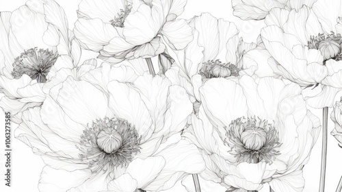 Wallpaper Mural Delicate line art of white flowers with intricate details and soft shading, showcasing their natural beauty. Torontodigital.ca