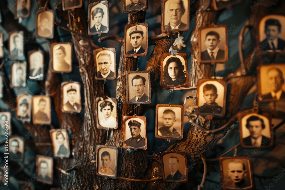 A tree branch decorated with picture frames and photographs, ideal for use in interior design or lifestyle shots A tree branch decorated with picture frames and photographs, ideal for use in interior design or lifestyle shots