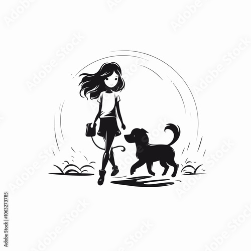 Black and white illustration of a girl walking a dog. Domestic animal. Man's best friend.