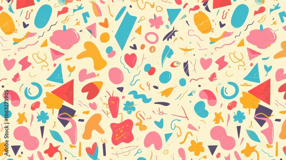 Colorful abstract pattern featuring playful shapes and designs in vibrant shades. Colorful abstract pattern featuring playful shapes and designs in vibrant shades.