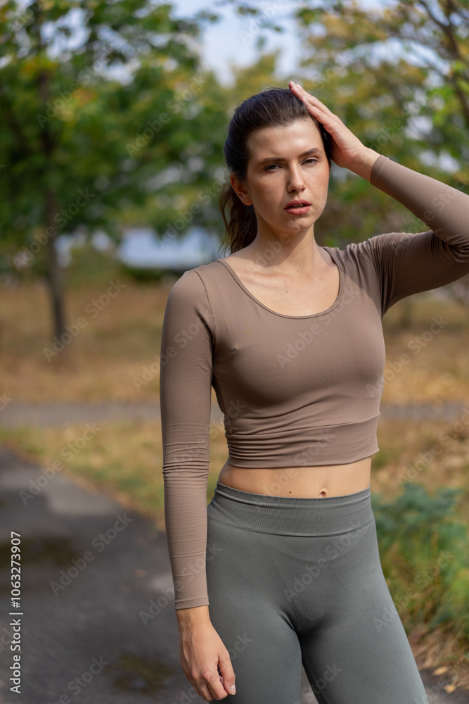on the street on river embankment in the city center a brunette girl in a brown top and leggings poses for the camera healthy lifestyle on the street on river embankment in the city center a brunette girl in a brown top and leggings poses for the camera healthy lifestyle
