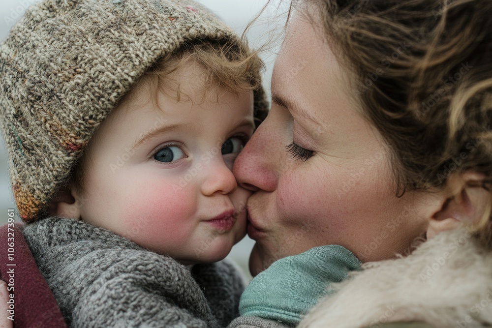 A mother kisses her baby while wearing a hat, a sweet moment of affection and love A mother kisses her baby while wearing a hat, a sweet moment of affection and love