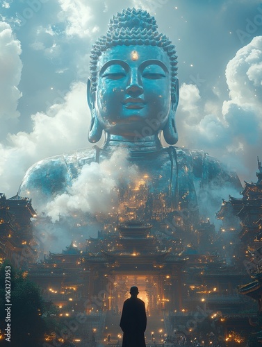 A huge Buddha statue made of light blue jade is glowing. photo