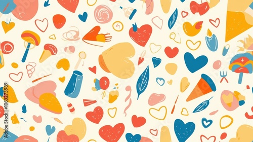 Colorful abstract pattern filled with various playful shapes, including hearts, candies, and ice cream cones.