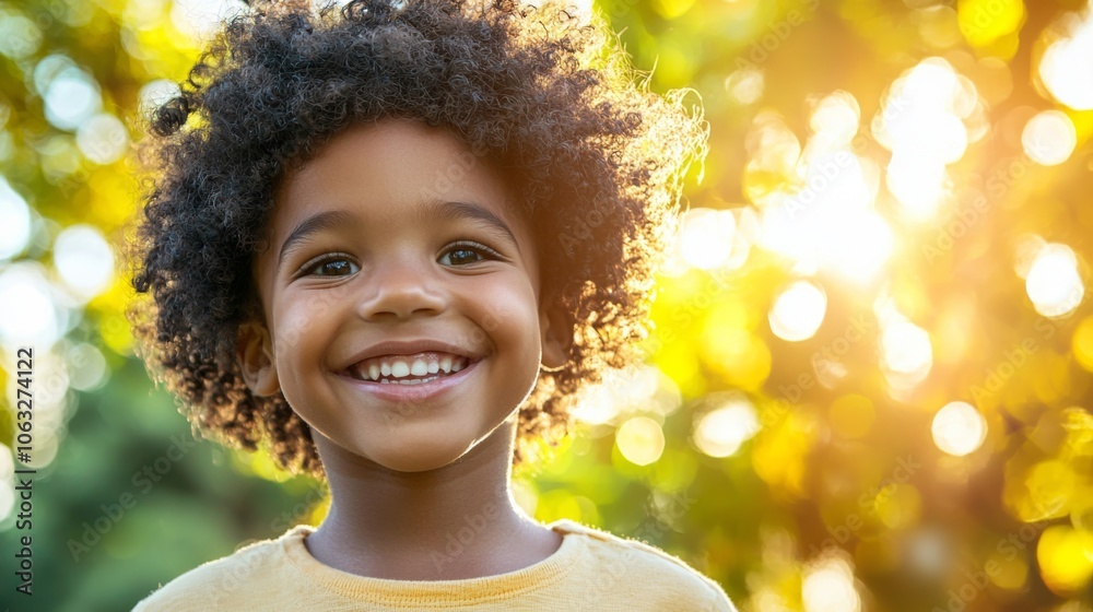 Close-up of a child with a big smile, playing outdoors, with sunlight filtering through trees Close-up of a child with a big smile, playing outdoors, with sunlight filtering through trees