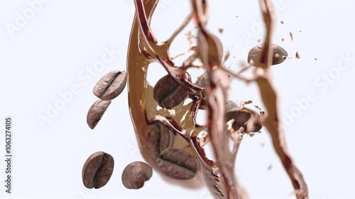 Coffee beans falling splash slow motion, depth of field