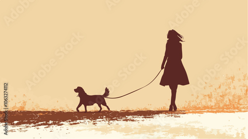 Illustration of a girl walking a dog. Domestic animal. Man's best friend.