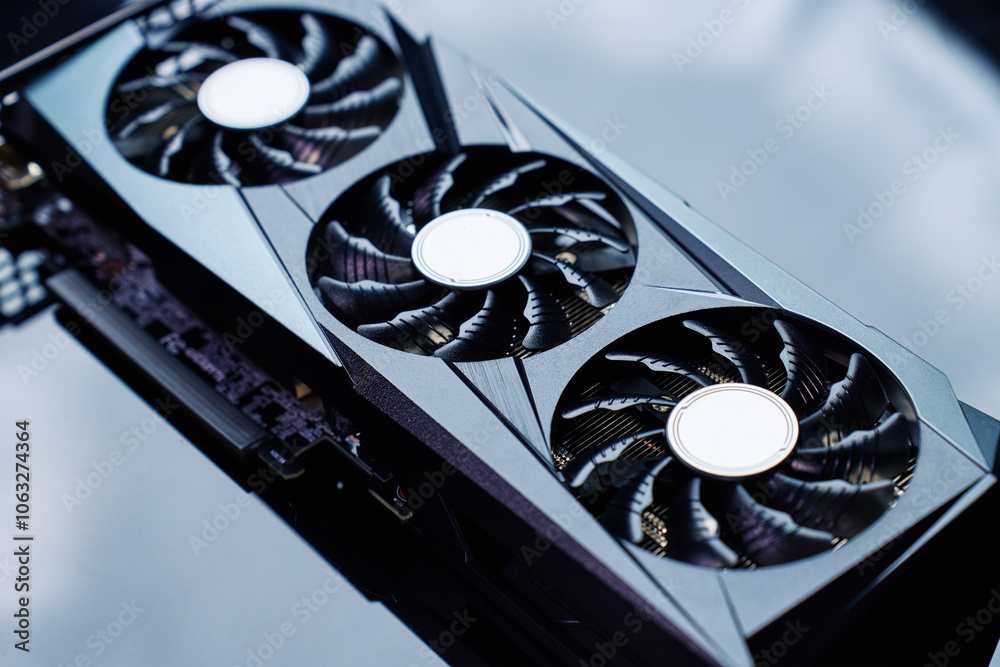 Close-up of high-performance graphics card with three cooling fans on dark background. Modern video card for gaming and advanced computing