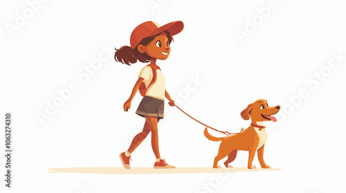 Illustration of a girl walking a dog. Domestic animal. Man's best friend.