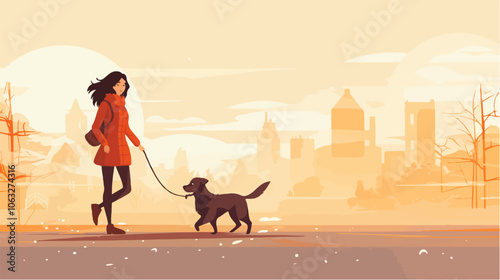 Illustration of a girl walking a dog. Domestic animal. Man's best friend.