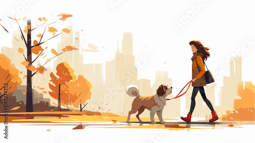 Illustration of a girl walking a dog. Domestic animal. Man's best friend.