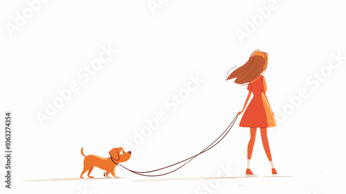 Illustration of a girl walking a dog. Domestic animal. Man's best friend.