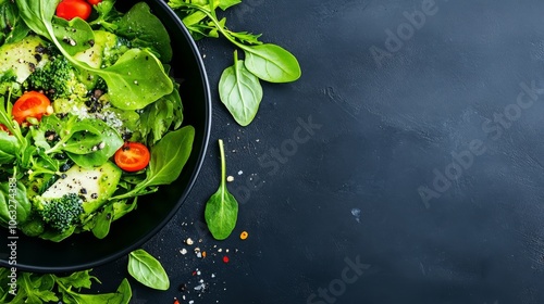 Green Salad Bowl with Spinach and Cherry Tomatoes on Dark Background