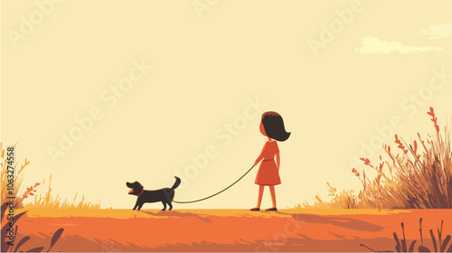 Illustration of a girl walking a dog. Domestic animal. Man's best friend.