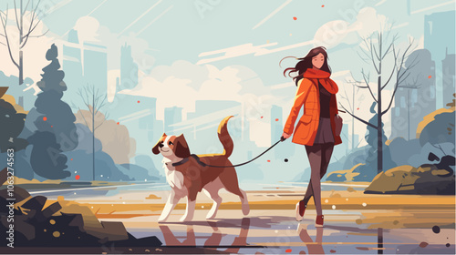 Illustration of a girl walking a dog. Domestic animal. Man's best friend.