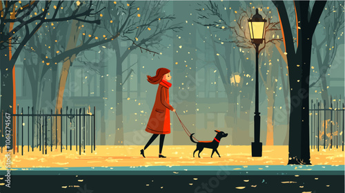 Illustration of a girl walking a dog. Domestic animal. Man's best friend.