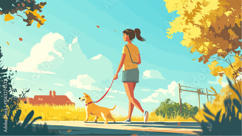 Illustration of a girl walking a dog. Domestic animal. Man's best friend.