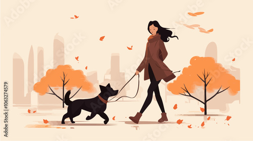 Illustration of a girl walking a dog. Domestic animal. Man's best friend.