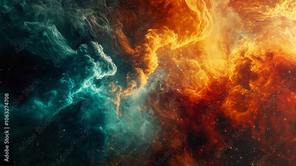 Abstract cosmic nebula with swirling teal and orange clouds.. Abstract cosmic nebula with swirling teal and orange clouds..