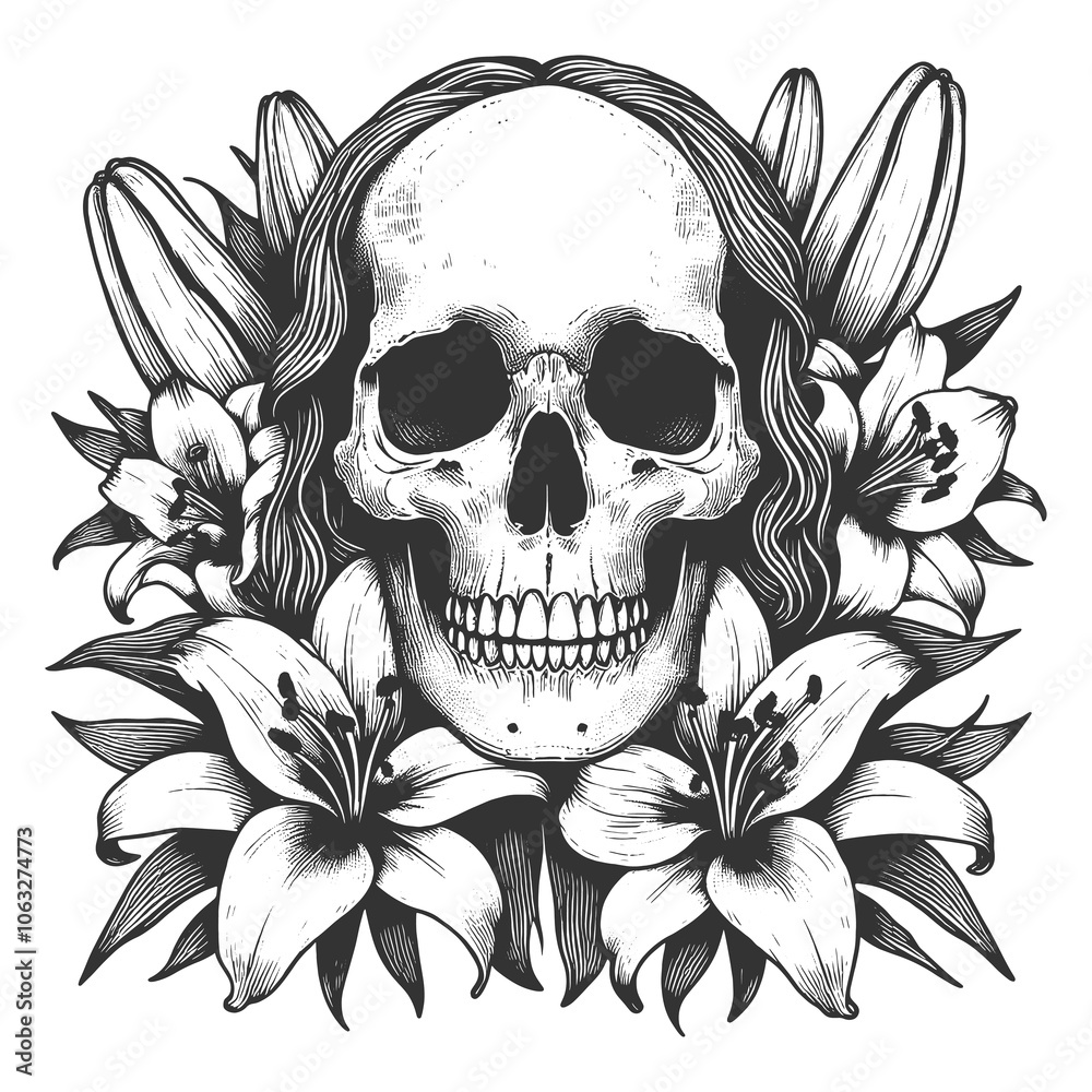 Obraz premium skull surrounded by lilies flowers, blending themes of death and beauty in vintage style sketch engraving generative ai raster illustration. Scratch board imitation. Black and white image.