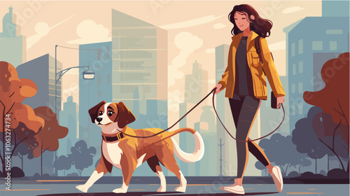 Illustration of a girl walking a dog. Domestic animal. Man's best friend.