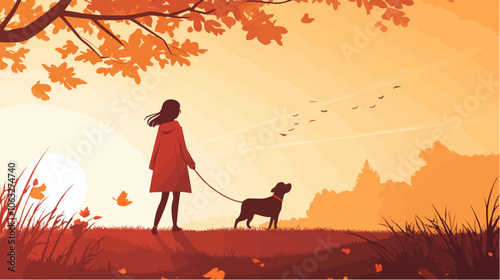 Illustration of a girl walking a dog. Domestic animal. Man's best friend.