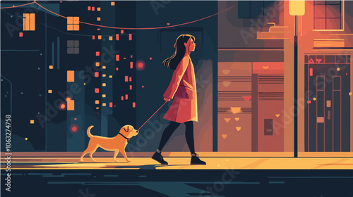 Illustration of a girl walking a dog. Domestic animal. Man's best friend.