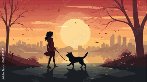 Illustration of a girl walking a dog. Domestic animal. Man's best friend.